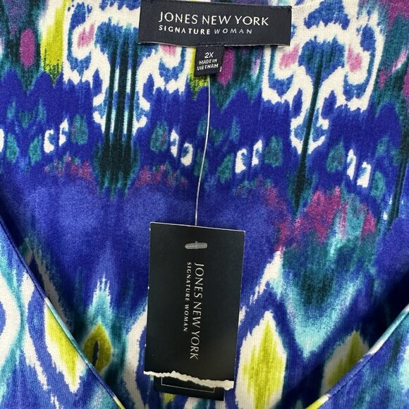 Jones NY Signature Woman Tunic Top 2X Blue Combo Ikat Geometric Stretch - Picture 4 of 13